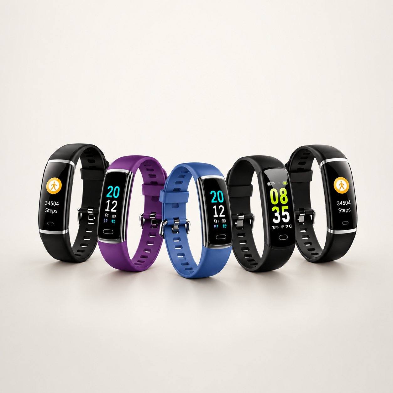 Quatre bracelets connectés trackers d’activité aux écrans allongés, en noir, violet et bleu.