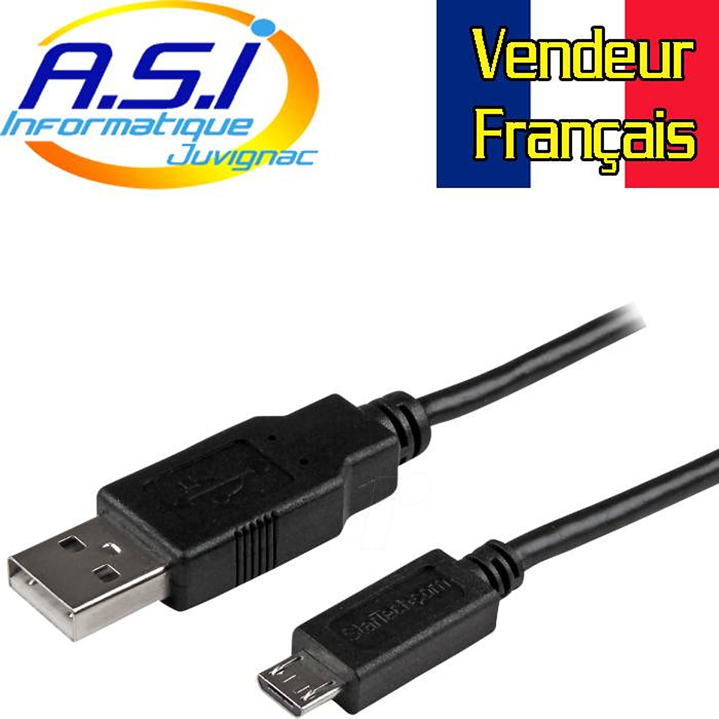 Un câble noir avec un connecteur USB standard et un connecteur micro USB, accompagné du logo A.S.I Informatique Juvignac et d'un drapeau français « Vendeur Français ».