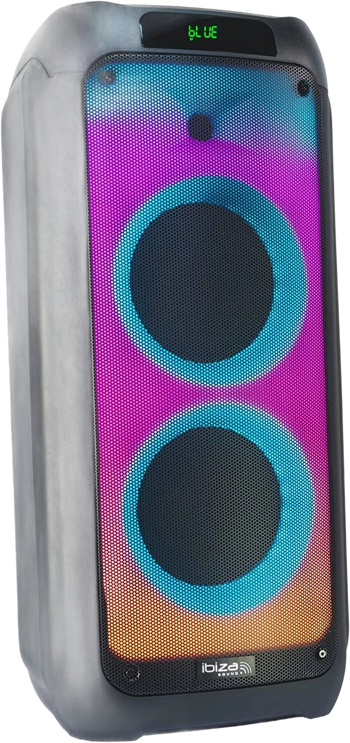 Enceinte de sonorisation portable noire de la marque Ibiza Sound, dont la façade grillagée est éclairée de LED violettes, bleues et orange autour de deux haut-parleurs.