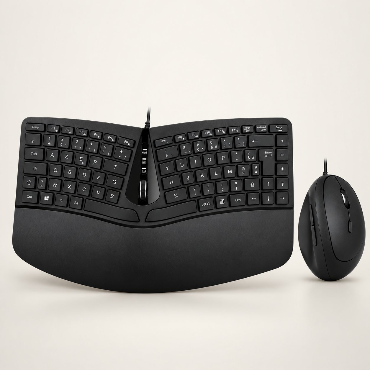 Clavier ergonomique à repose-poignets et souris verticale noirs Perixx, filaires.