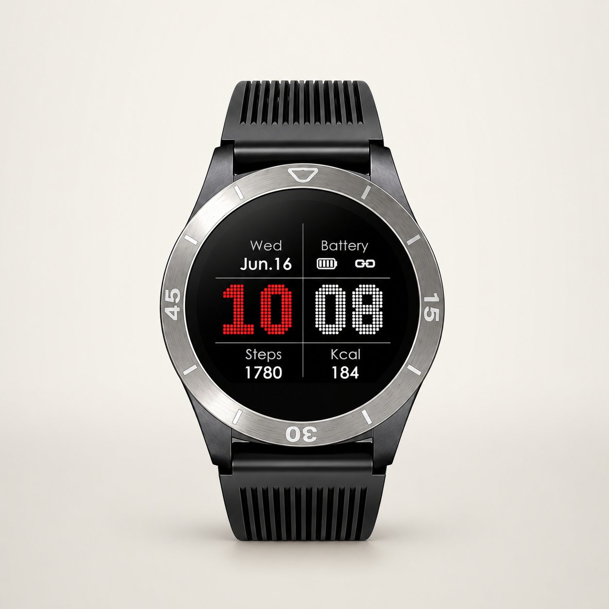 Montre connectée ronde à lunette grise et bracelet silicone noir, cadran numérique affichant l’heure, les pas et les calories.