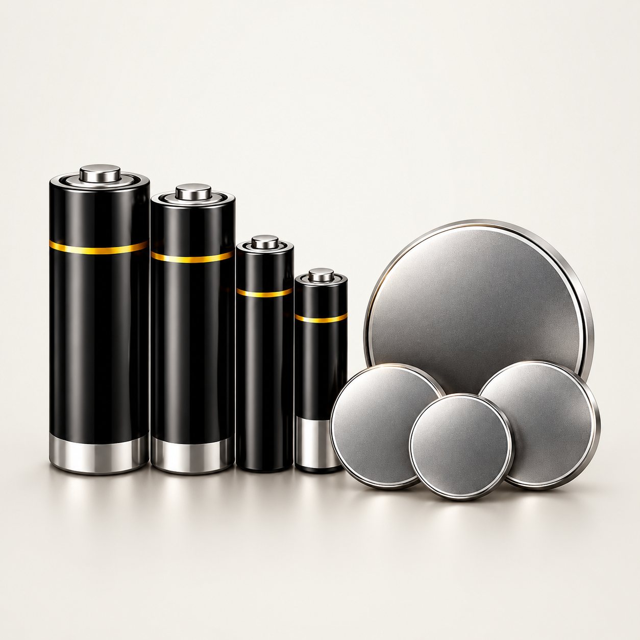 Piles AA, AAA et A23 et piles bouton au lithium CR2450, CR2032, CR2025 et CR1620 sur fond de studio clair.