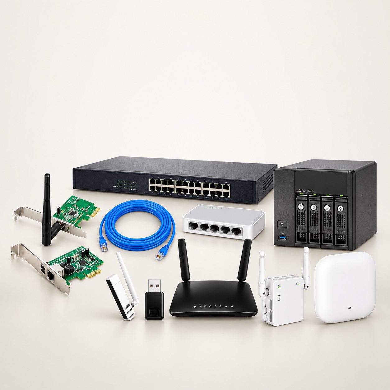 Routeur 4G, NAS à quatre baies, switchs, borne Wi-Fi, répéteur, clés Wi-Fi, cartes réseau et câble réseau sur fond de studio clair.