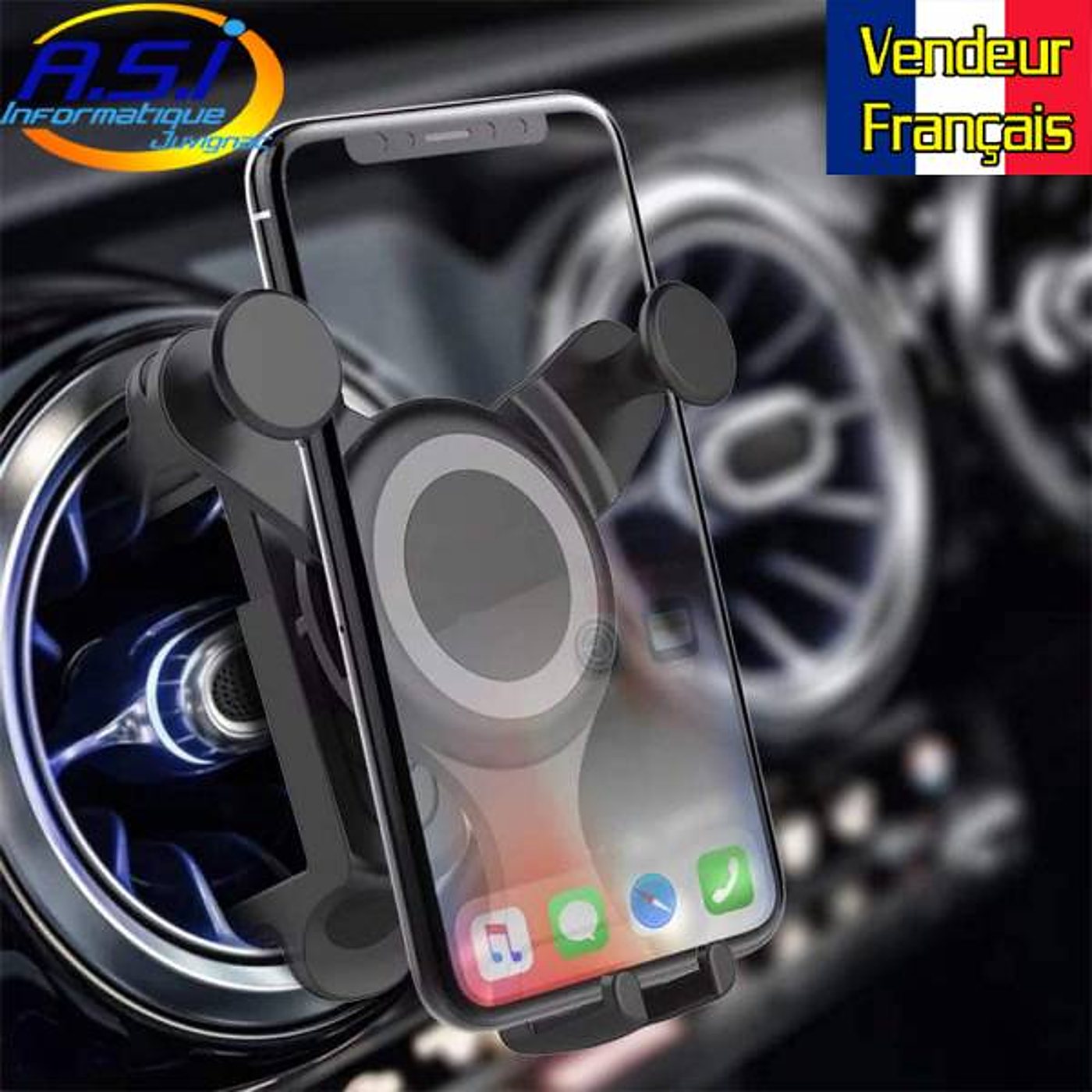 Un smartphone est maintenu par un support à pinces fixé sur une grille d'aération circulaire dans l'habitacle d'une voiture.